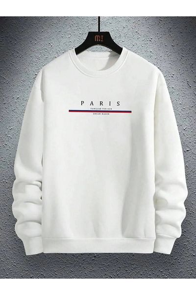 GYES Men's White Paris Printed Crew Neck Sweatshirt
