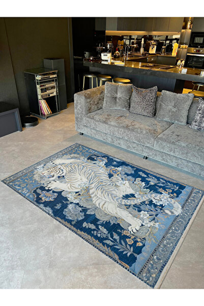 Rugs Modern Halı Tokyo Koleksiyonu Gri Lacivert Ton Kaplan ve Çiçekler Desenl...