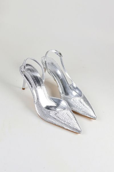 NiceDiffer Silver Leaf Printed Women's Evening Dress Thin Heeled Shoes