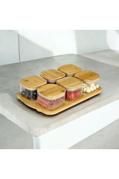 Vadi 6-Piece Vacuum Bamboo Lid Borosilicate Glass Storage Container Breakfast
