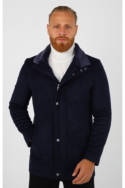 Brango Men's Zipper Detailed Sheepskin Collar Cashew Coat