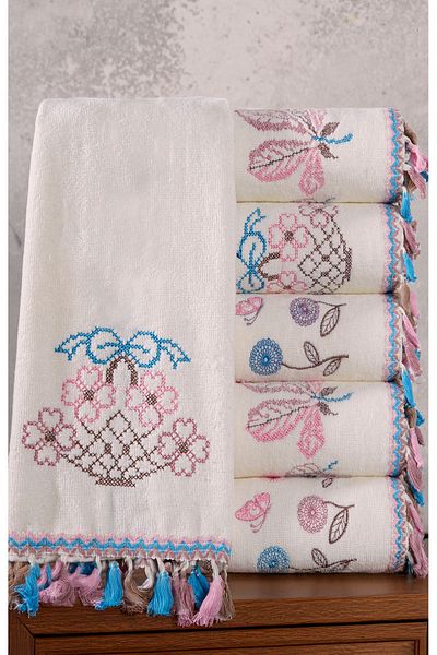 Fiyonk Home Set of 3 30X50 cm Soft and Absorbent Towels - Kitchen, Hand and Embroidery Detail