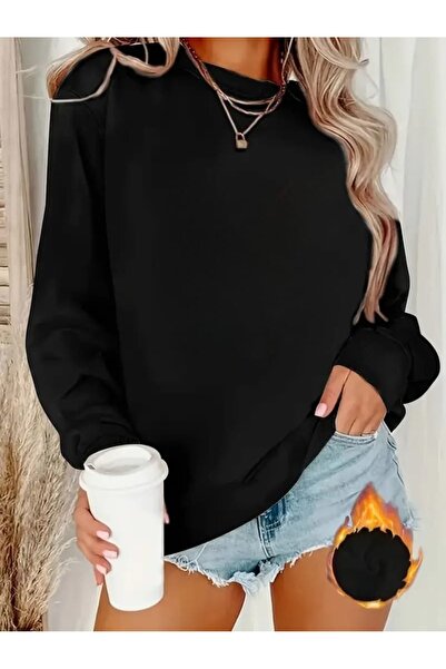 WOODROFFE Γυναικείο μαύρο φούτερ με στάμπα Star Star με λαιμόκοψη Oversize