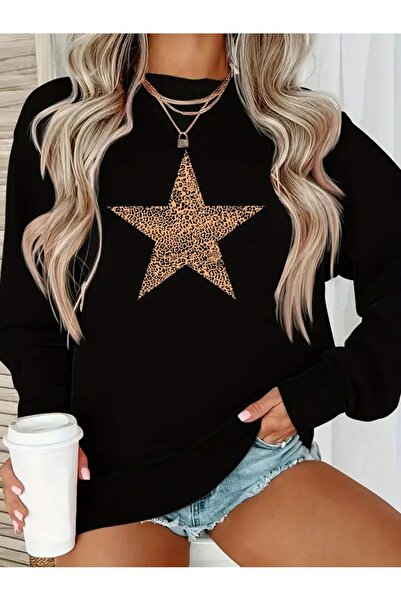 WOODROFFE سويت شيرت نسائي أسود كبير الحجم برقبة دائرية وطبعة نجمة