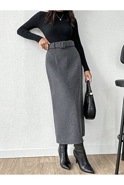 Moda ZR KADIN KAŞE ETEK YIRTMAÇLI KEMERLİ ETEK