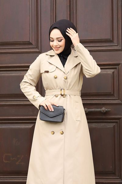 PİNK FLY Γυναικεία καμπαρντίνα Hijab - Διπλό γιακά, Φόδρα, Μακριά, Κρεμ