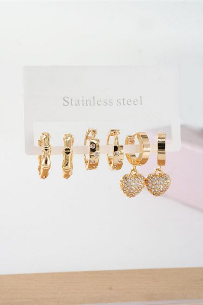 By Zeyna Aksesuar Women's Vip Series Baguette Zircon Stone Heart Model Clip-On Set of 6 Earrings