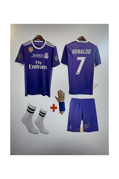 yenteks كريستيانو رونالدو Real.Madrid. مجموعة قميص كرة قدم للأطفال باللون الأرجواني من كارديف لعام 2017 مكونة من 4 قطع
