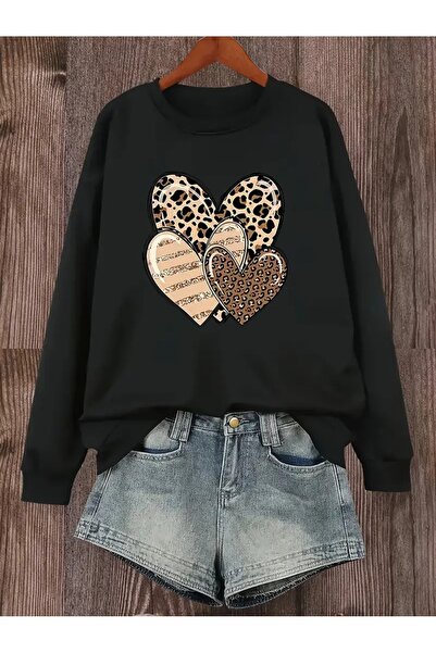 WOODROFFE سويت شيرت نسائي بطبعة جلد الفهد ورقبة دائرية مقاس كبير باللون الأسو...