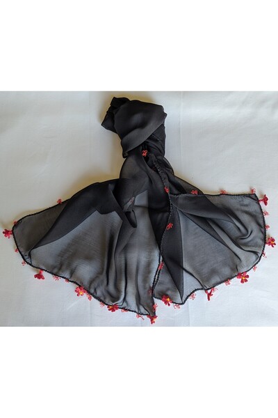 Bircan Hediyelik Kırmızı Tığ Oyası Siyah Krep Fular