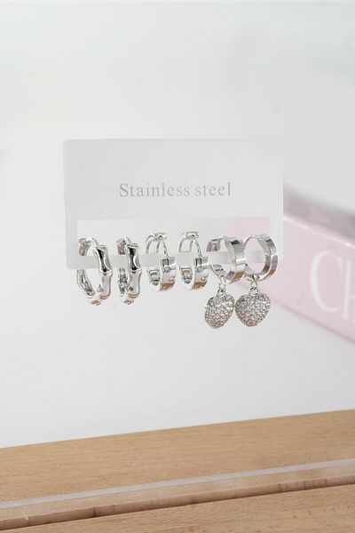 By Zeyna Aksesuar Women's Vip Series Baguette Zircon Stone Heart Model Clip-On Set of 6 Earrings