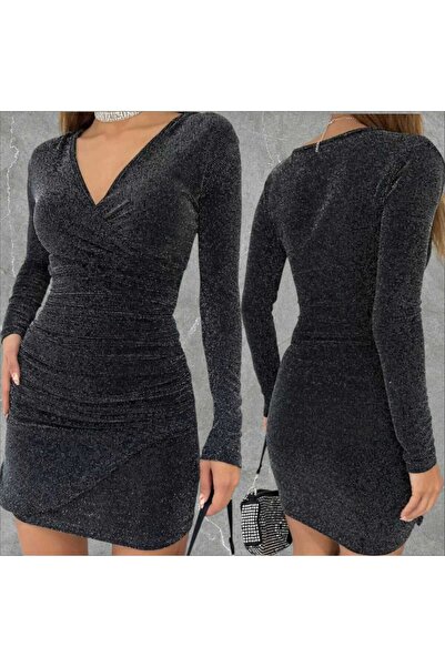 Alegante Kruvaze Yaka Ön Yırtmaçlı Büzgü Detaylı Simli Elbise