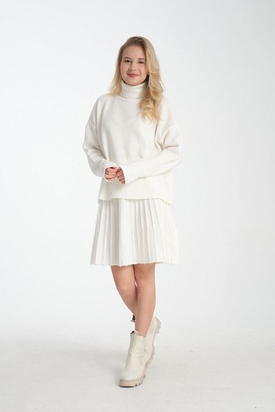 İLKCET MODA الياقة المدورة تريكو سترة وتنورة مطوي مجموعة