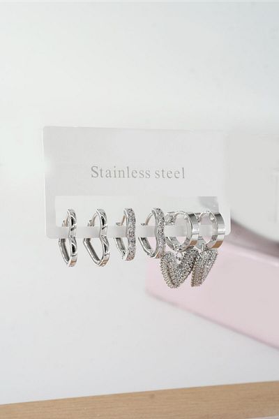 By Zeyna Aksesuar Women's Vip Series Baguette Zircon Stone Heart Model Clip-On Set of 6 Earrings