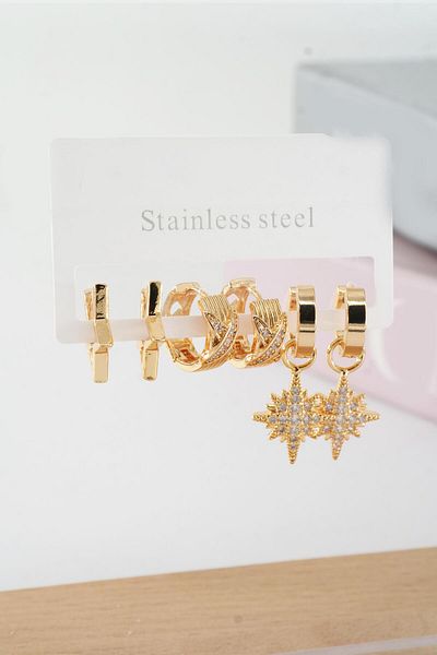 By Zeyna Aksesuar Vip Series Zircon Stone Women's Baguette - North Star Model, 6-Piece Clip Set Earrings