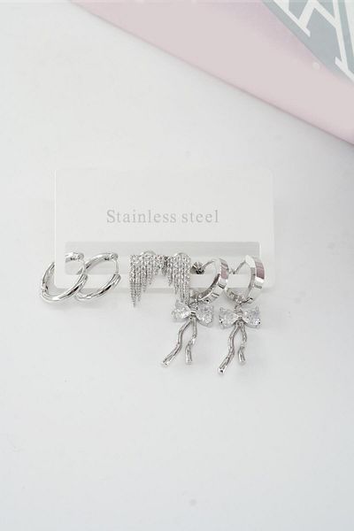 By Zeyna Aksesuar Vip Series Zircon Stone Women's Ribbon - Set of 6 Clip Earrings