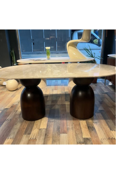 MIARIK DESIGN & DEKORASYON Bonjugo Ahsap Ayaklı Traverten Mermer Yemek Masası