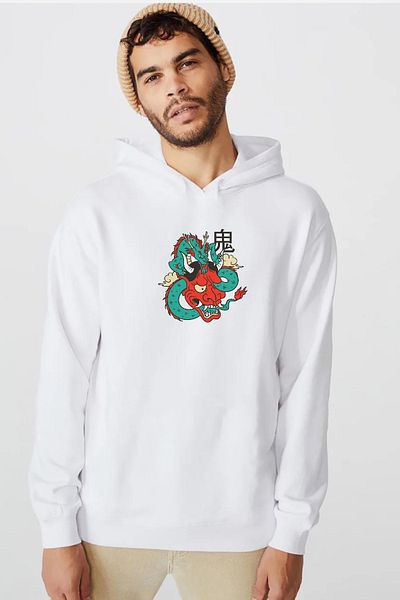 Tshirthane Dragon Samurai Anime Λευκό ανδρικό φούτερ με κουκούλα 3 κορδονιών