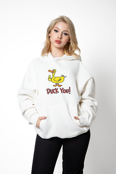 Bak Moda Duck You Printed Oversize Unisex Premium White Hoodie