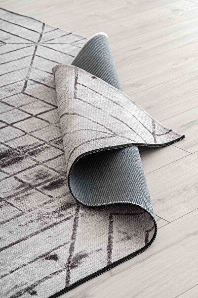 Serente Home Geometric Patterned Washable Non-Slip Base Chenille Gray Black Living Room Carpet 4118