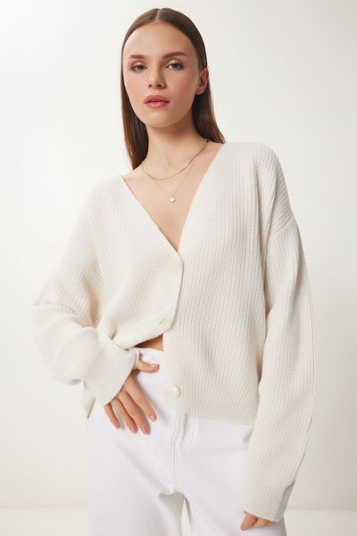 Lovelyİstanbul V-Neck Buttoned Knitwear Cardigan Bone Lmx0066