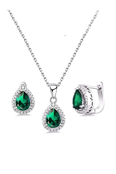 Brezza Lusso Jewelry Kadın Yeşil Damla Model Zirkon Taşlı Gümüş Kolye Küpe Seti