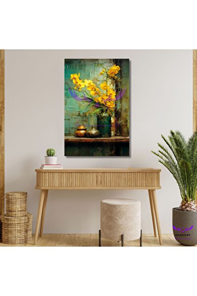 abartart Tekli Dikey Kanvas Yağlı Boya Görünümlü Yeşil Vazoda Sarı Çiçekler