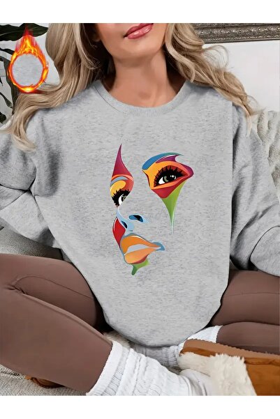 WOODROFFE Γυναικείο πορτρέτο με στάμπα με λαιμόκοψη Oversize γκρι φούτερ