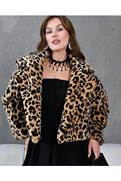 EsSo butik Yeni Sezon Leopar Desenli Crop Suni Kürk Mont