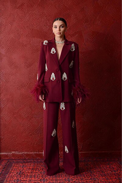 Genel Markalar Tasarım Bordo Renk Otriş Tüylü Taş Detaylı Alt-Üst  Pantolon C...
