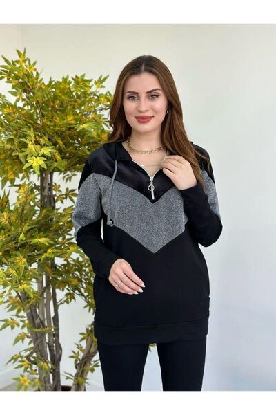 NUR TEKSTİL kadın siyah viskon iki iplik kumaş kapşonlu simli SWEATSHIRT