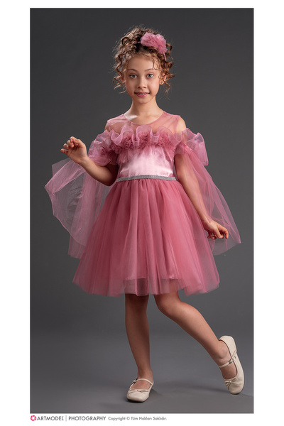 KIDS LAND GIRL Kiz Çocok Beyaz Tüllü Abiye Elbisei