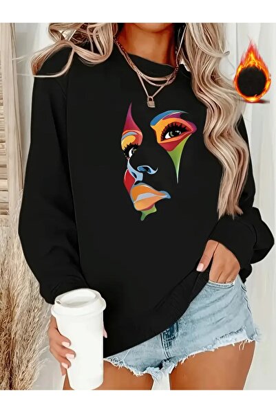 WOODROFFE سويت شيرت أسود كبير الحجم برقبة دائرية مطبوع عليه صورة نسائية