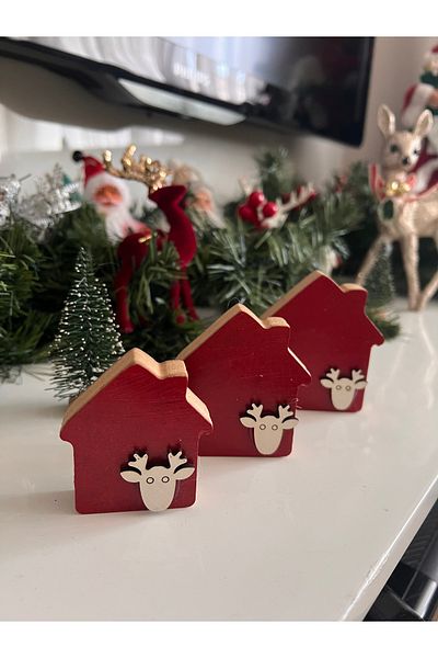 Ayd Home Ξύλινη Χριστουγεννιάτικη διακόσμηση 3 τεμαχίων - Πρωτοχρονιάτικο γιορτή με κόκκινο ελάφι