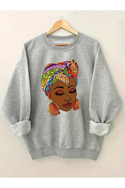 WOODROFFE Hanorac gri oversize cu decolteu rotund cu imprimeu portret pentru ...