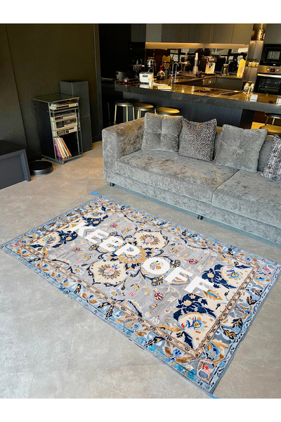 Rugs Modern Halı Tokyo Koleksiyonu Gri Mavi Ton Keep Off Yazılı Floral Desenl...
