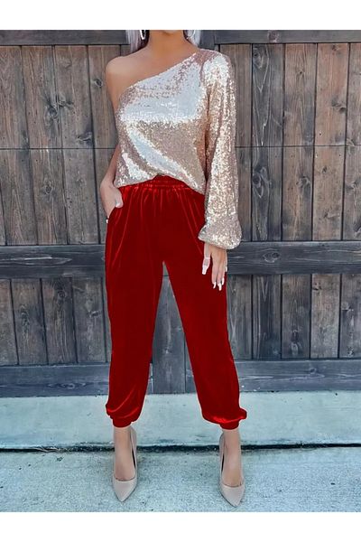 JANES Pantaloni de damă din catifea cu talie elastică cu talie înaltă