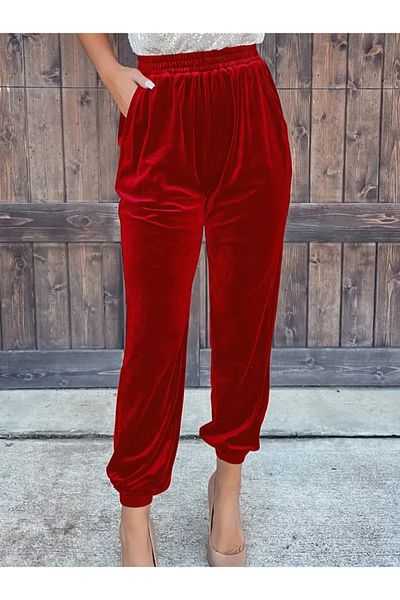 JANES Pantaloni de damă din catifea cu talie elastică cu talie înaltă