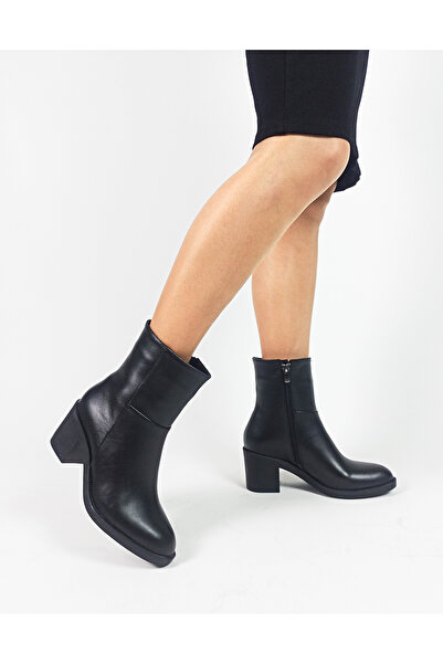 GDT Ayakkabı Siyah Renk Mat Cilt Fermuarlı Kalın Topuk Sivri Burun 36-37-38-39-40 Numara Kadın Topuklu Bot