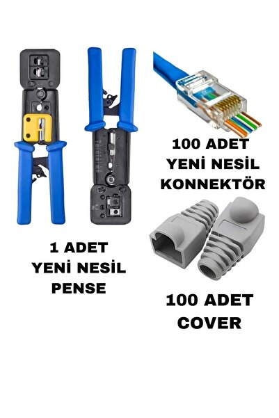 Derwell Yeni Nesil Pense + Delikli Rj45 Cat6 100 Adet + 100 Adet Cover İntern...