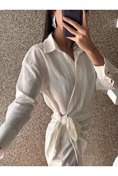 EGZOTİK ASORTİK Γυαλιστερό ριγέ σατέν φόρεμα με δέσιμο στο πλάι