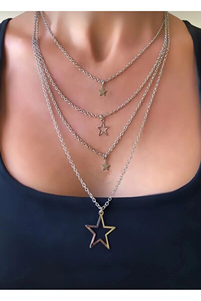 TakıConcept Gümüş Renk Zincirli Yıldız Motifli Dörtlü Sallantılı Çoklu Uzun K...