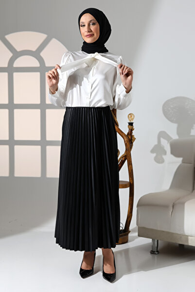 GİYSA Fusta lungă de hijab din satin cu talie elastică neagră pentru femei - 2024-2