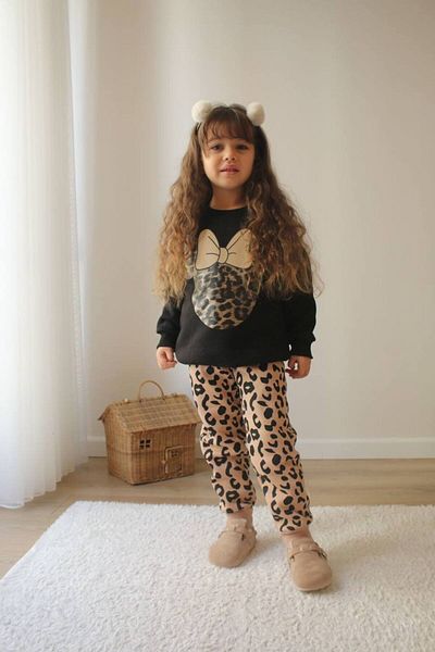 Lolliboomkids Set de sus și de jos de iarnă pentru fete, negru, cu imprimeu leopard Mickey Raster