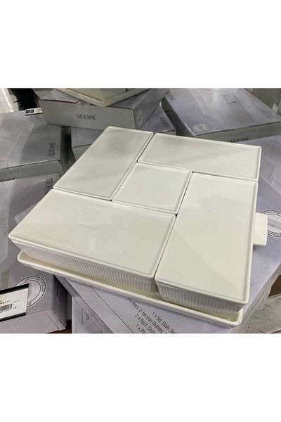 Tekbir Porcelain Square Tray 6 Compartment Covered Breakfast Presentation Set