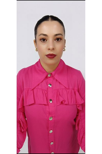 AKŞEN GİYİM METAL BUTTONED COTTON SATIN FABRIC TUNIC/SHIRT WITH CHEST AND RUFFLE DETAIL TO ARMS