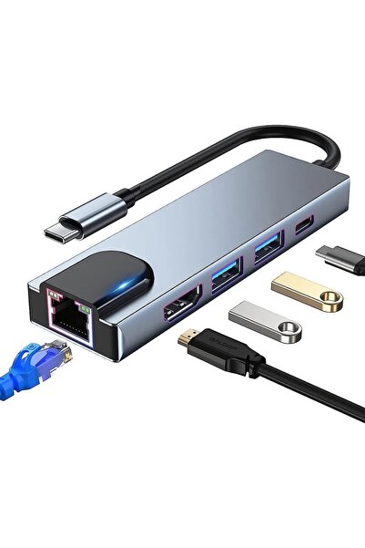 Derwell Yeni Nesil Ethernet Girişi Usb Çoklayıcı 5in1 Usb Typec Hub Port Hdmi...