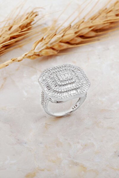 Sümer Telkari Baget Taşlı Rodyumlu Gümüş Yüzük 5924