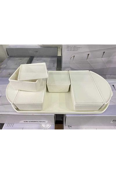 Tekbir Porcelain Oval Tray 6 Compartment Covered Breakfast Presentation Set
