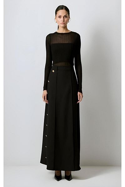 Touche Black Crepe Skirt with Gold Buttons Mkn3059